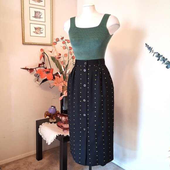 Vintage Mondi Black Green High Waist Wool Midi VTG Skirt - Picture 7 of 9